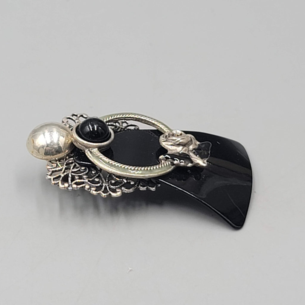 Vintage Angel Brooch Silver tone and Black Metal 2 1/8"