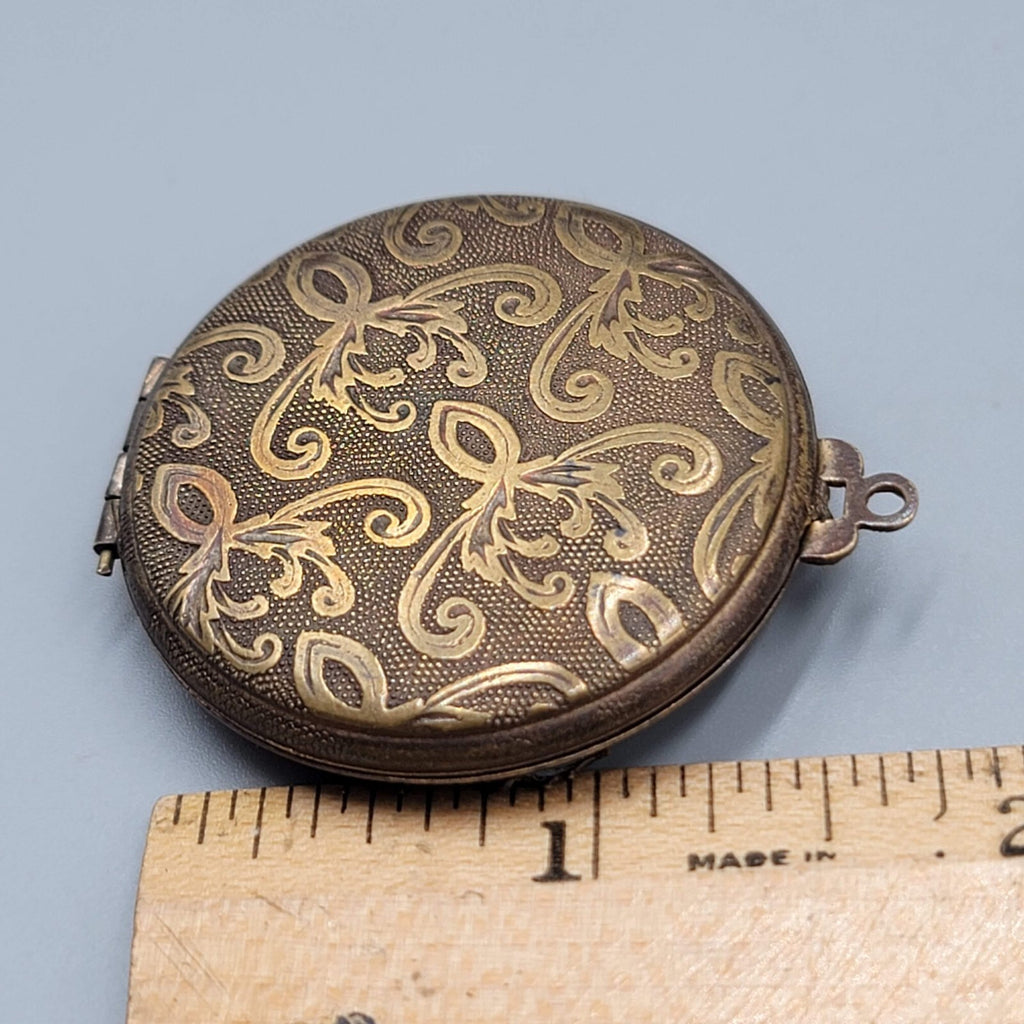 Antique Engraved Flower Double Photo Locket Pendant Bronze tone 1 5/8"