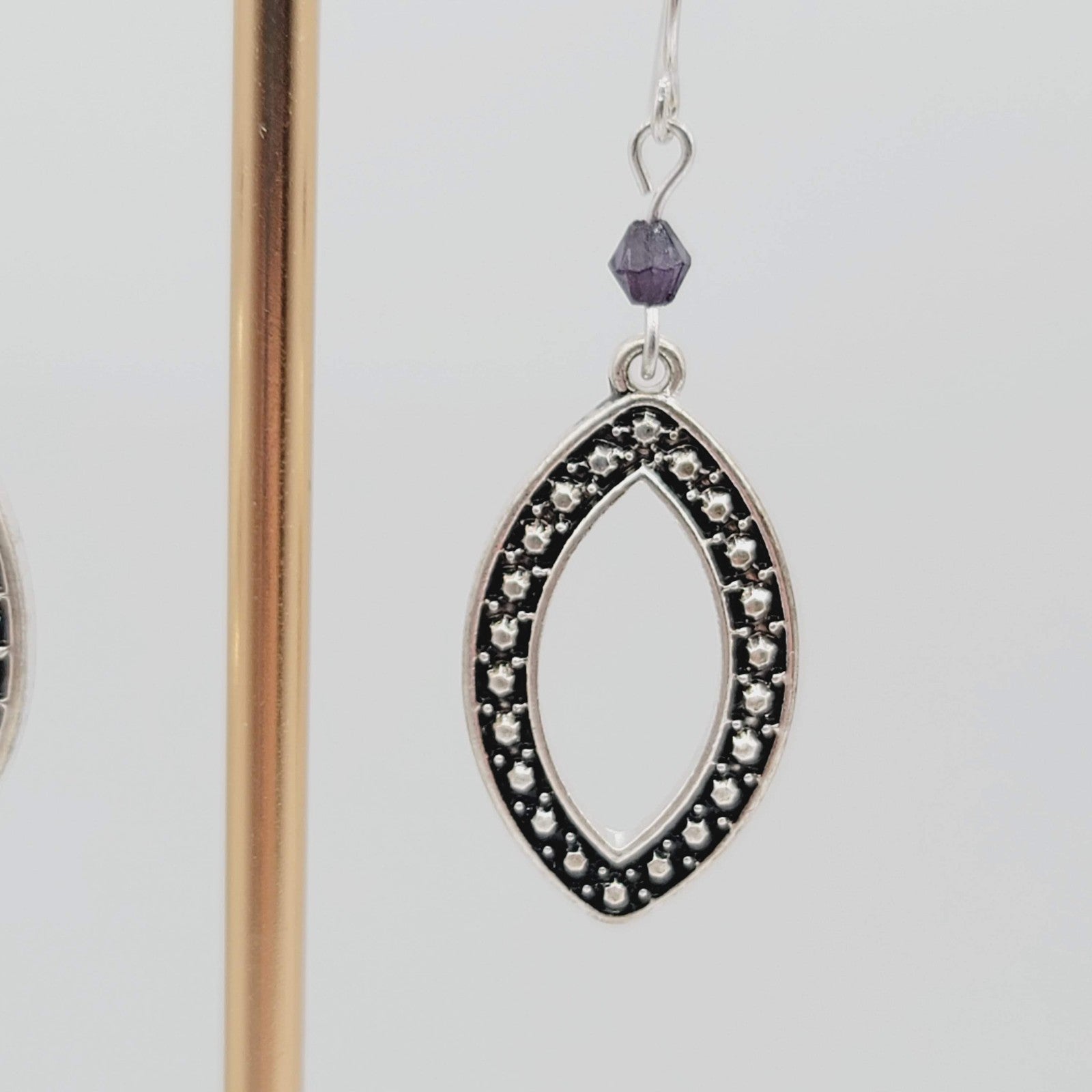 Oxidized Open Work Pierced Earrings Silver tone Dangle Purple Bead 1 1/8 in