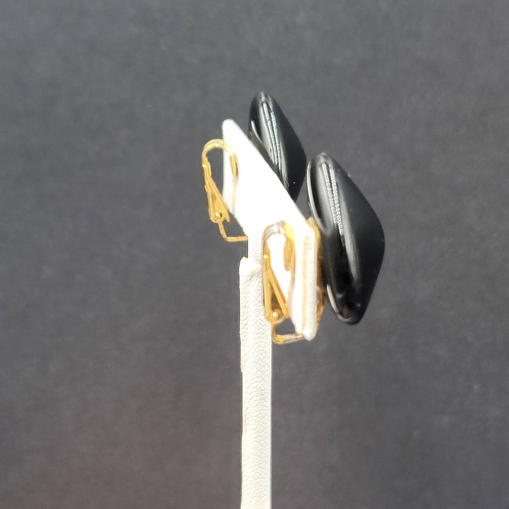 Vintage Clip on Earrings Black Glass Triangle 3/4"
