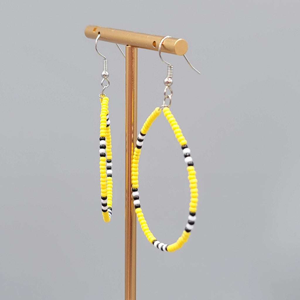 Hoop Pierced Earrings Yellow Black White Seed Bead Dangle 1.75"