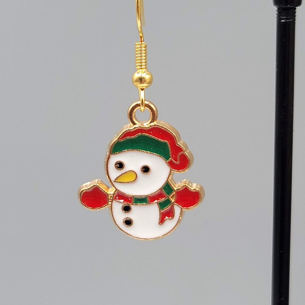 Snowman Pierced Earrings Christmas Holiday Enamel Dangle Gold tone 3/4" New