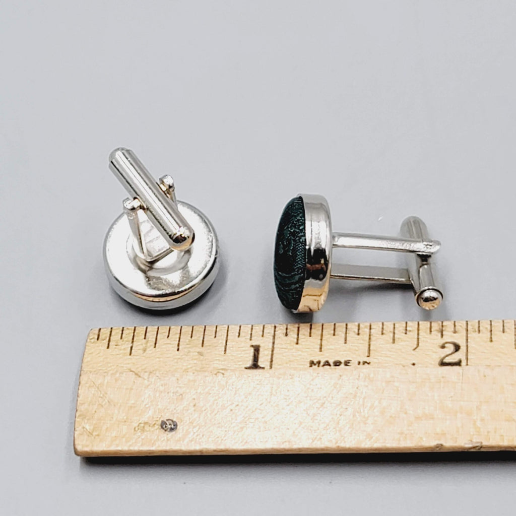 Mens Cufflinks Silver tone Round Evergreen Green Fabric Modern 5/8"