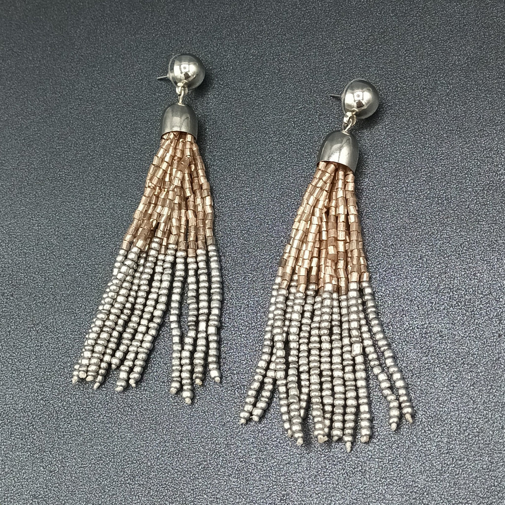 Pierced Earrings Gold and Silver tone Seed Bead Multi Strand Dangle 3.75"