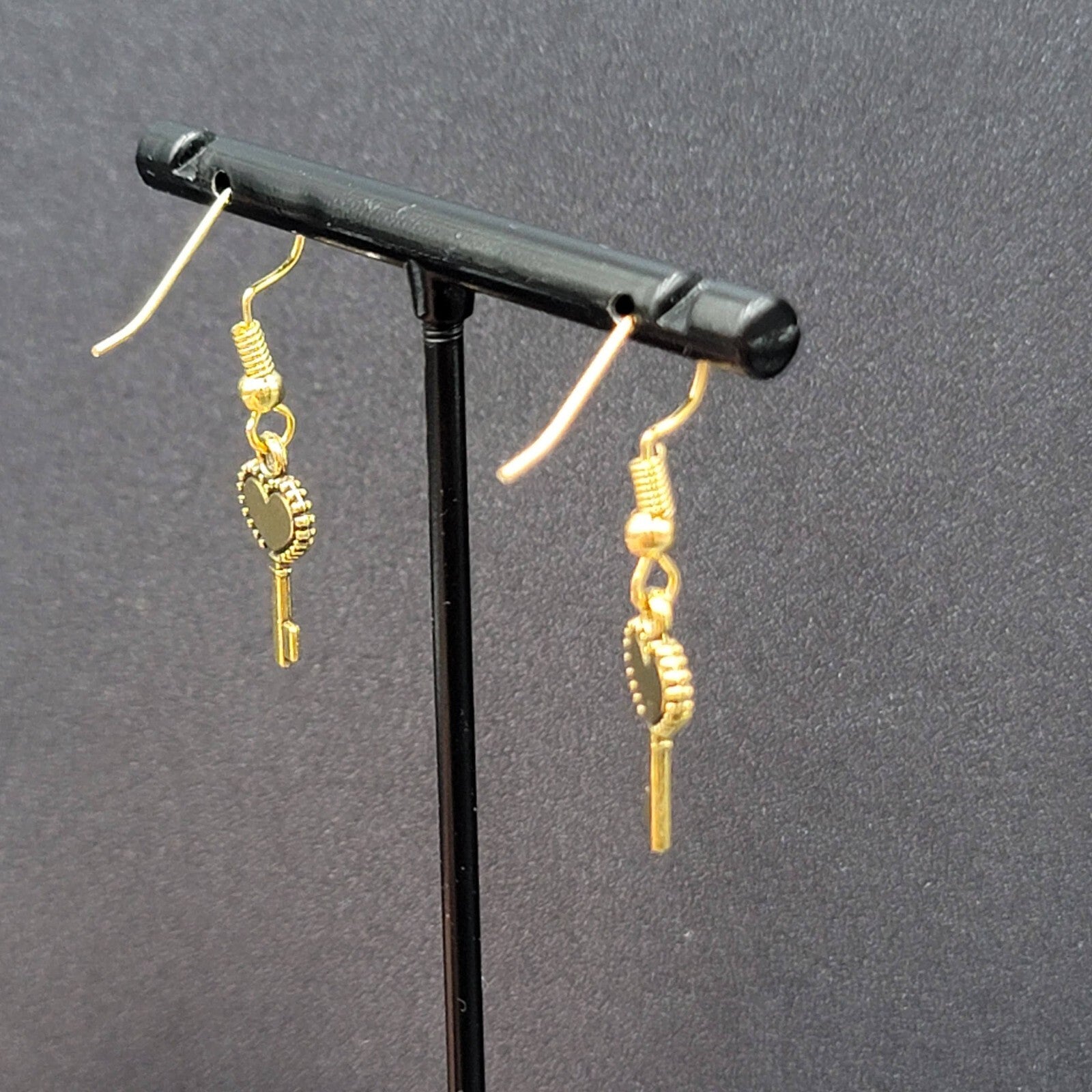 New Ornate Heart Skeleton Key Pierced Earrings Gold tone Dangle 5/8"