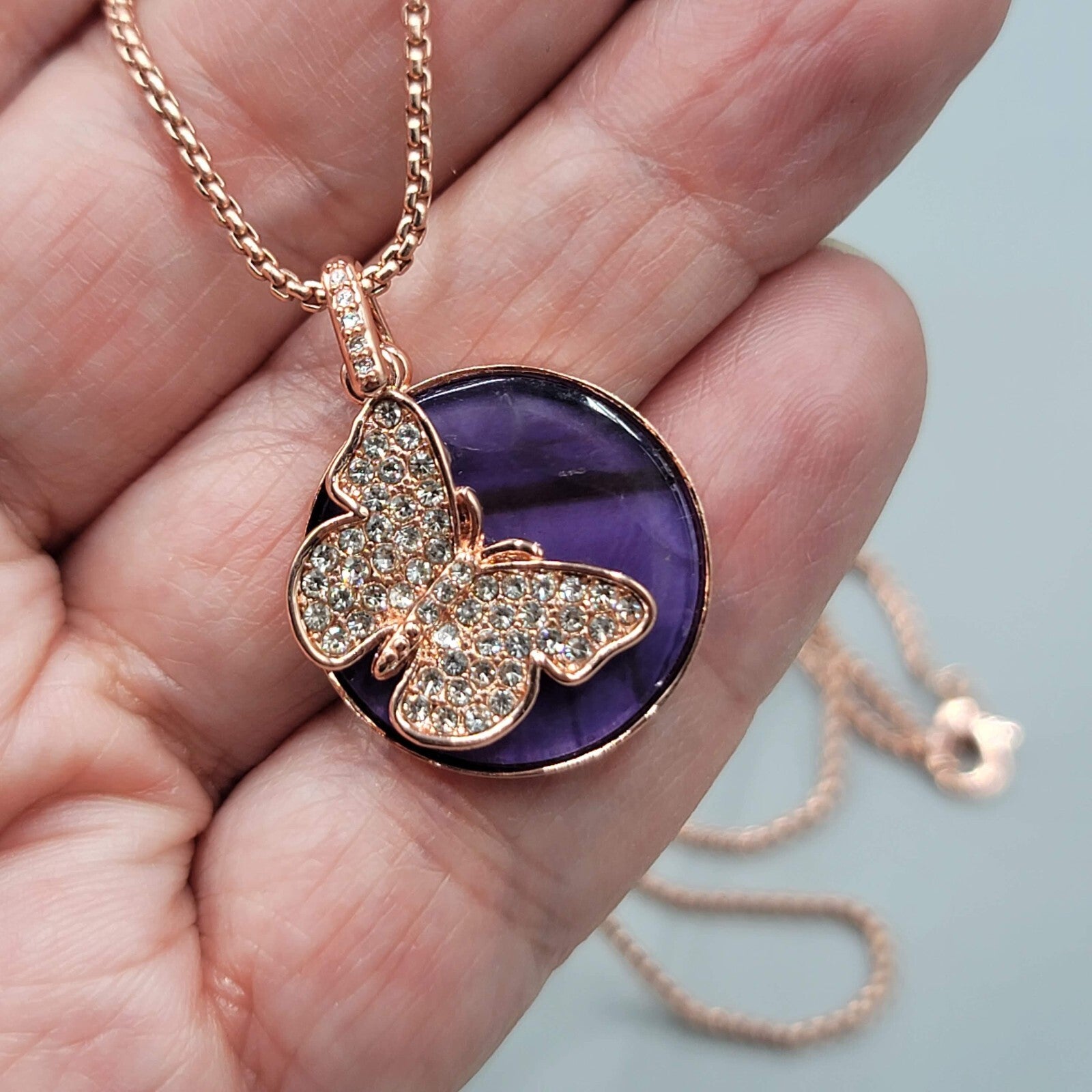LA CN Rose Goldtone Necklace Purple Glass Crystal FEARLESS Butterfly Pendant 18"
