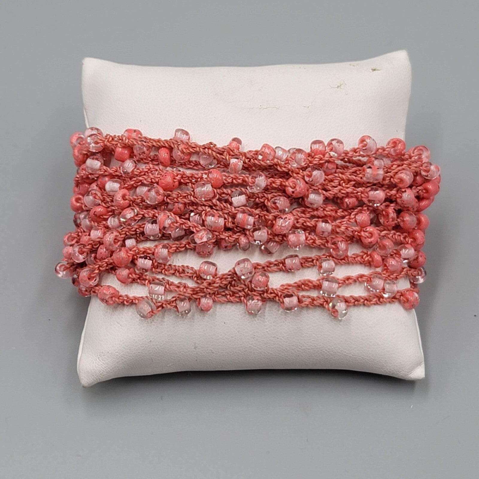 Mauve Pink Bracelet Glass Seed Bead Thread Button Closure 7"