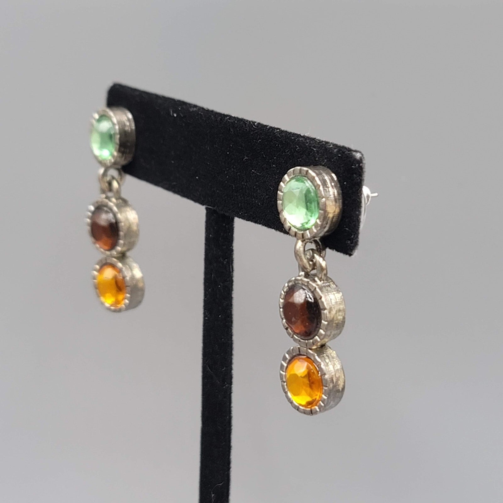 Pierced Earrings Silver tone Multicolor Rhinestones Round Dangle 1.25"