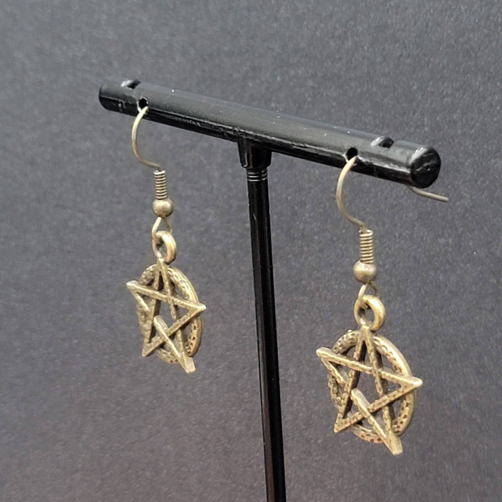 New Pentacle Pierced Earrings Star in Circle Bronze tone Dangle 3/4"