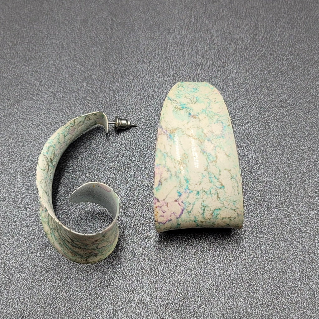 Vintage Pierced Earrings Large Green White Enamel Statement Hoops 2"
