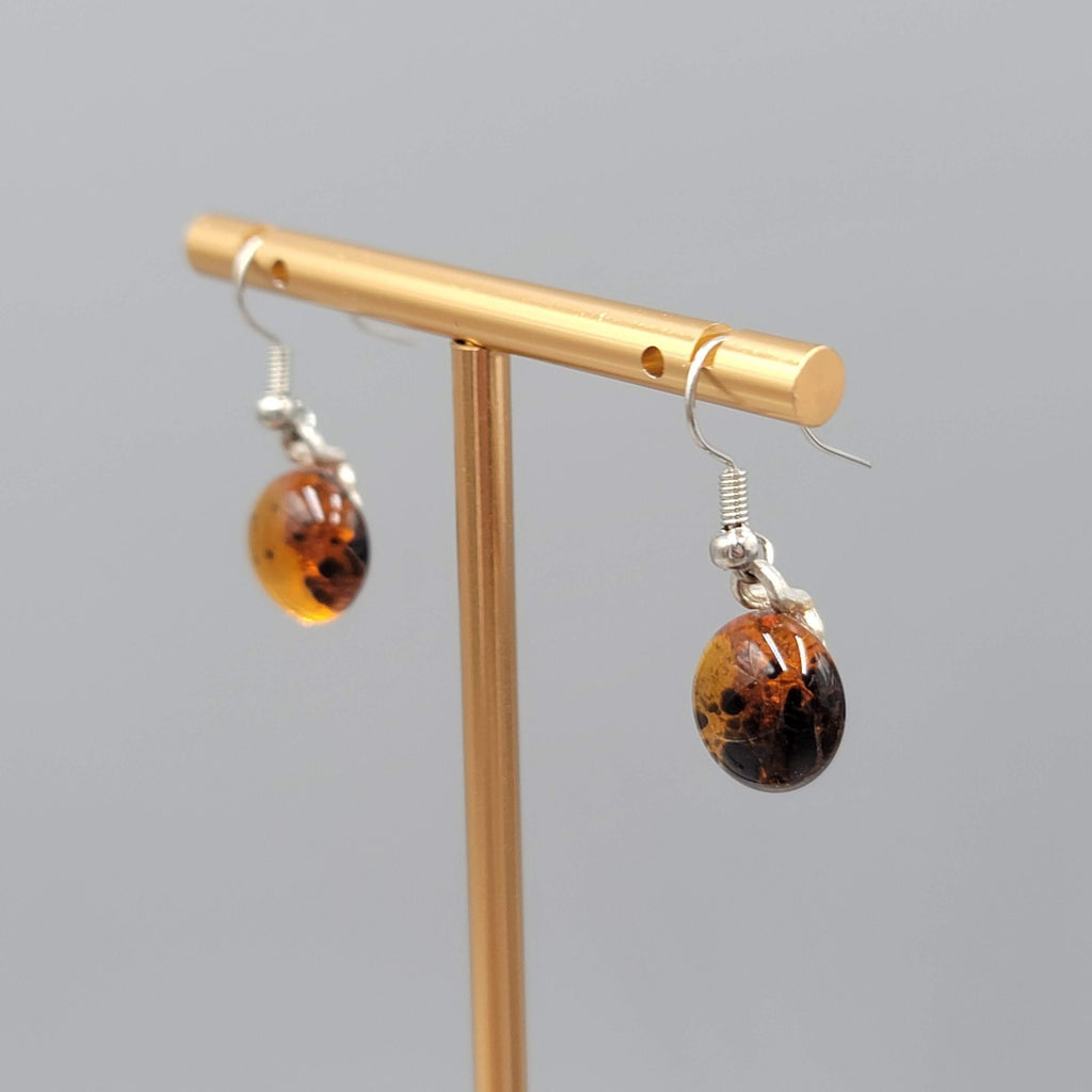 Round Brown Glass Pierced Earrings Silver tone Dainty Dangle 1/2"