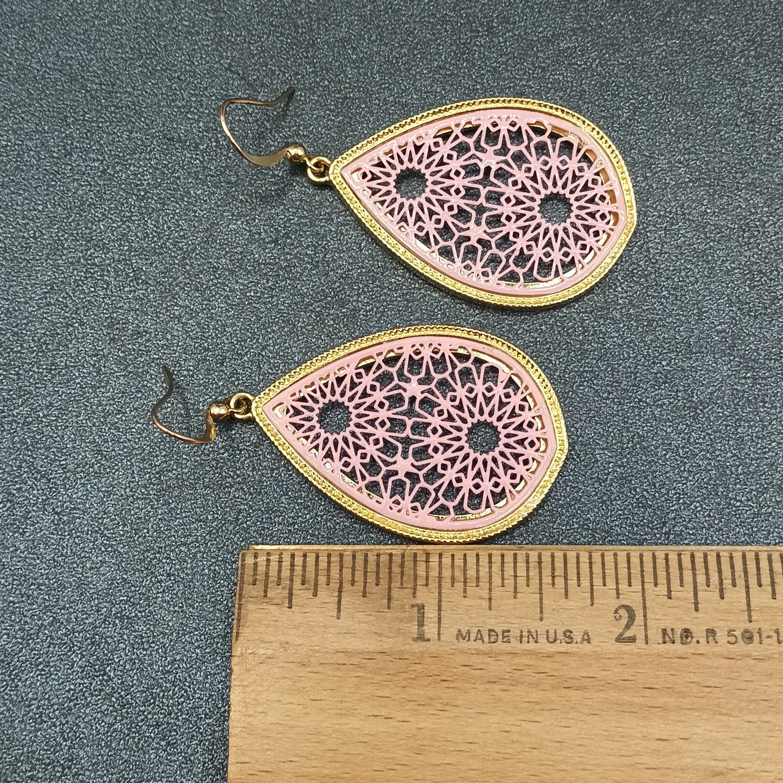 Pierced Earrings Gold tone Pink Acrylic Open Work Teardrop Dangle  1 3/4"