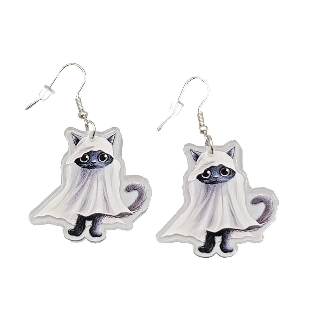 Halloween Black Kitty Cat Ghost Pierced Earrings Silver tone Dangle 1.5 in