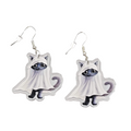 Halloween Black Kitty Cat Ghost Pierced Earrings Silver tone Dangle 1.5 in