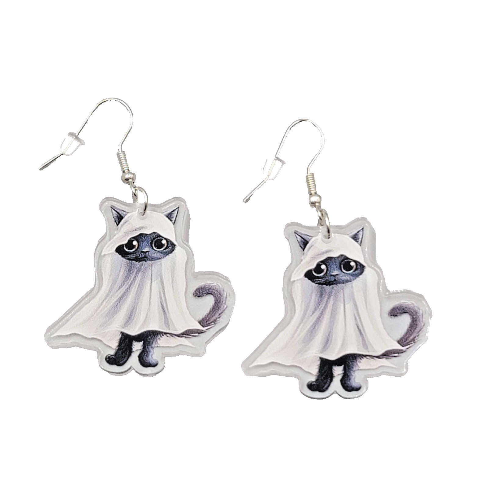 Halloween Black Kitty Cat Ghost Pierced Earrings Silver tone Dangle 1.5 in