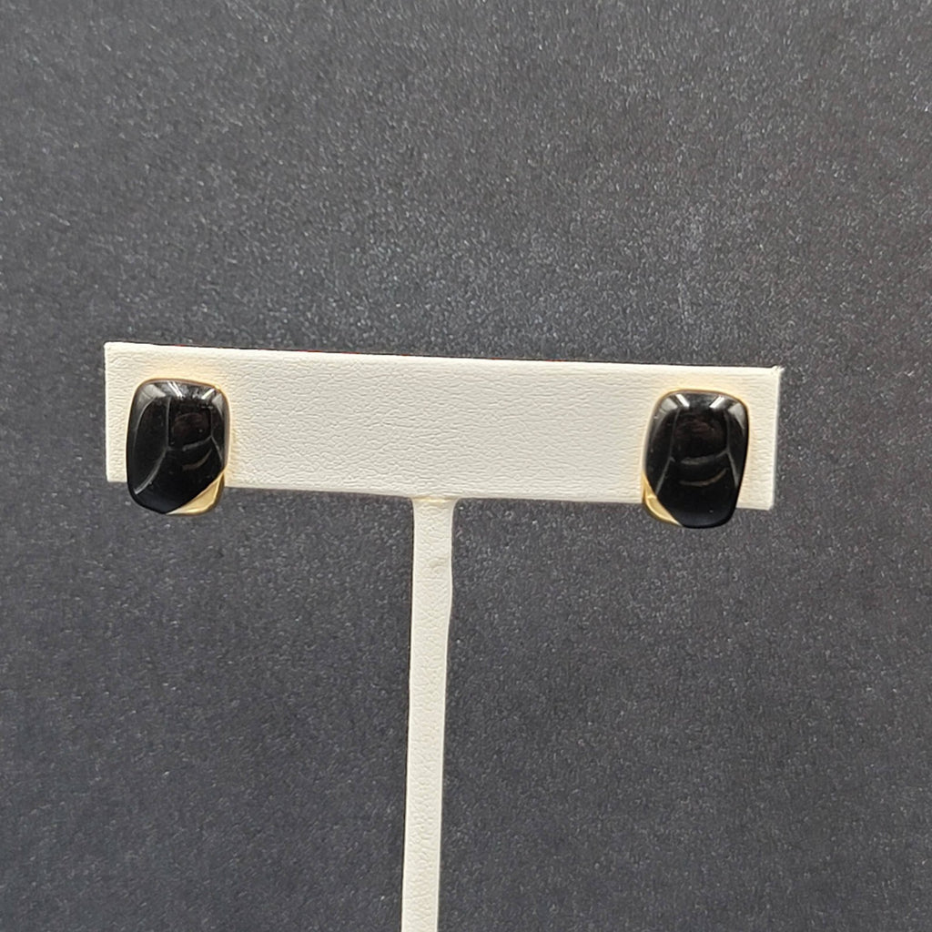 Vintage Pierced Earrings Gold Plated Black Enamel Rectangle Studs 1/2"