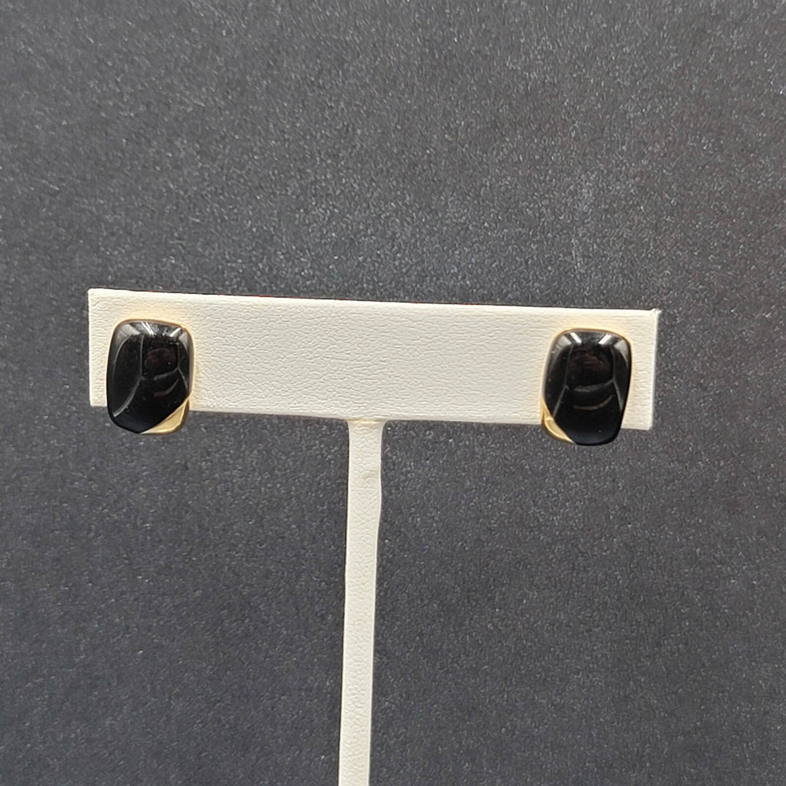 Vintage Pierced Earrings Gold Plated Black Enamel Rectangle Studs 1/2"