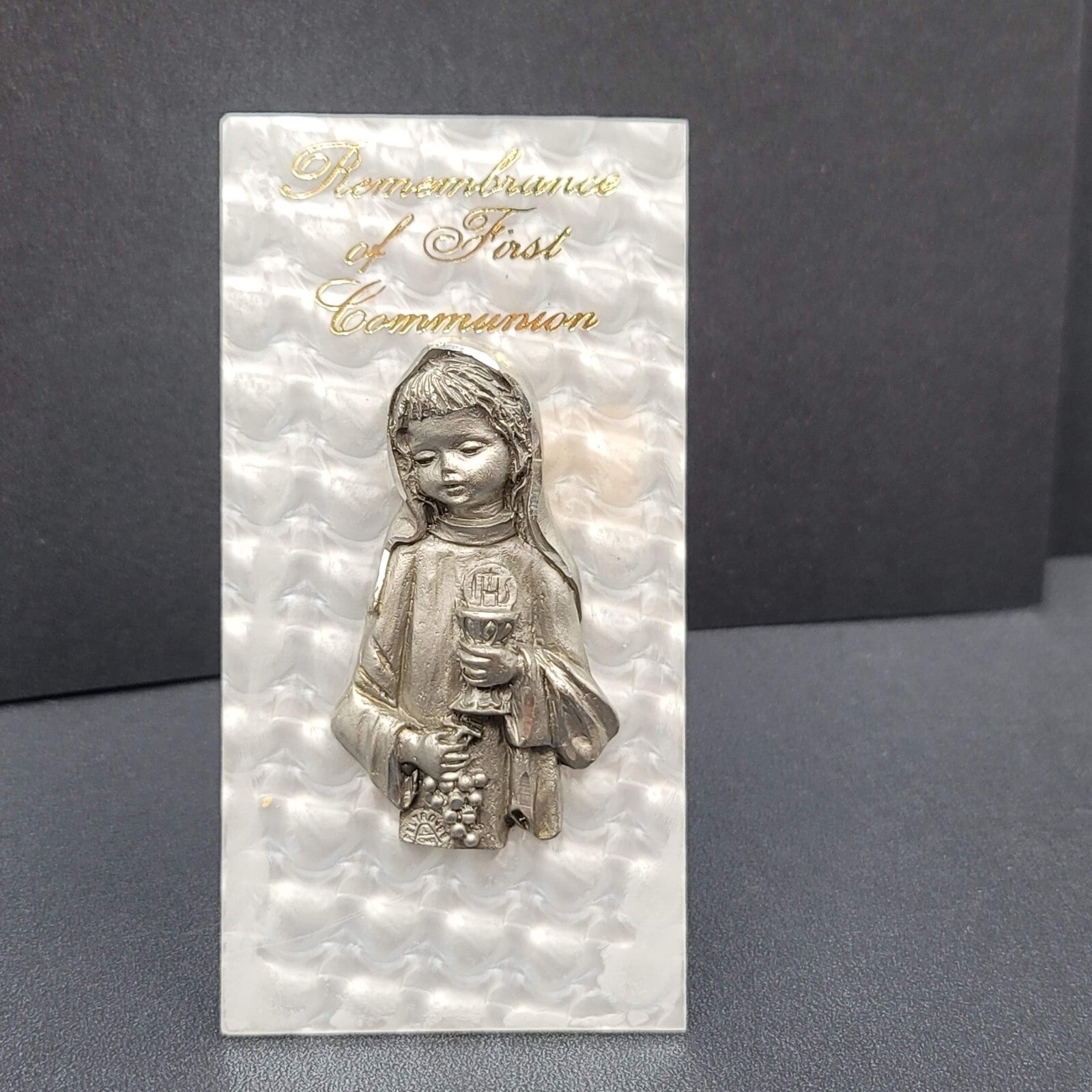 Vintage Pewter Girls First Communion Pewter Italy White Stand 4 1/4" x 2 1/8"