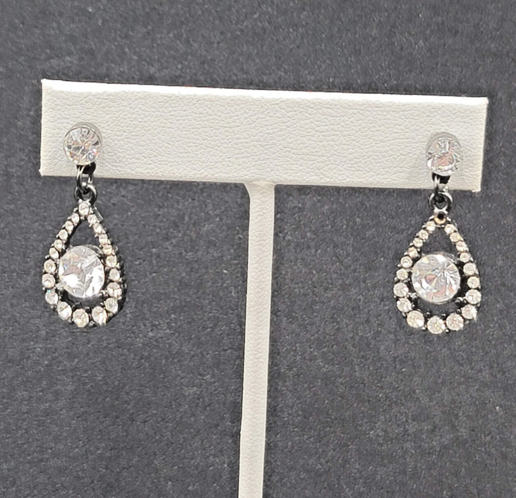 Pierced Earrings Black Metal Clear Rhinestone Teardrop Dangle 1.25"