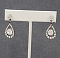 Pierced Earrings Black Metal Clear Rhinestone Teardrop Dangle 1.25"