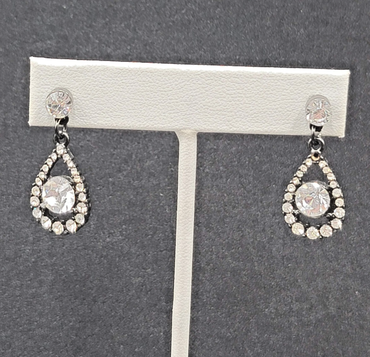Pierced Earrings Black Metal Clear Rhinestone Teardrop Dangle 1.25"