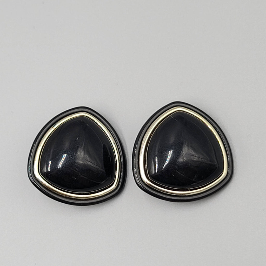 Vintage Clip on Earrings Black Triangle Gold tone Large Statement Plastic 1.25"