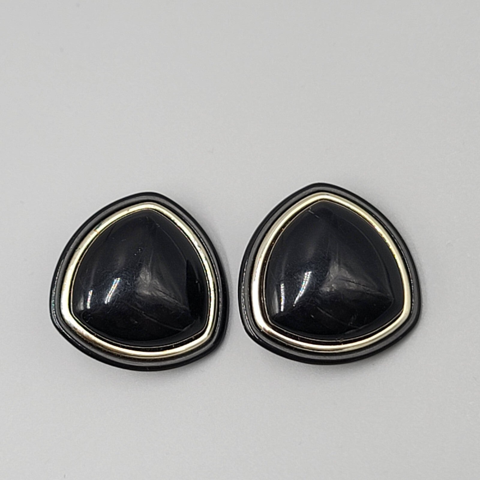Vintage Clip on Earrings Black Triangle Gold tone Large Statement Plastic 1.25"