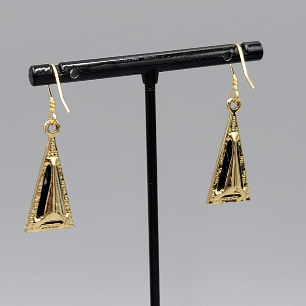 Triangle Black Rhinestone Pierced Earrings Gold tone Dangle 7/8"