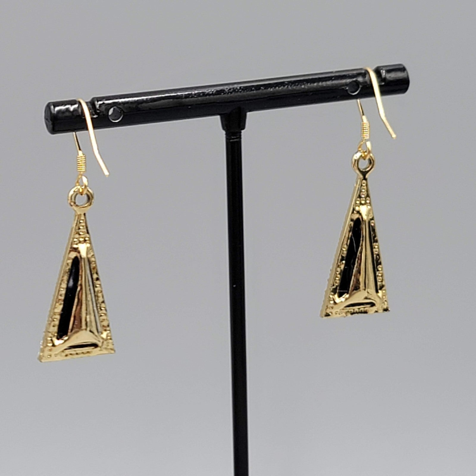 Triangle Black Rhinestone Pierced Earrings Gold tone Dangle 7/8"
