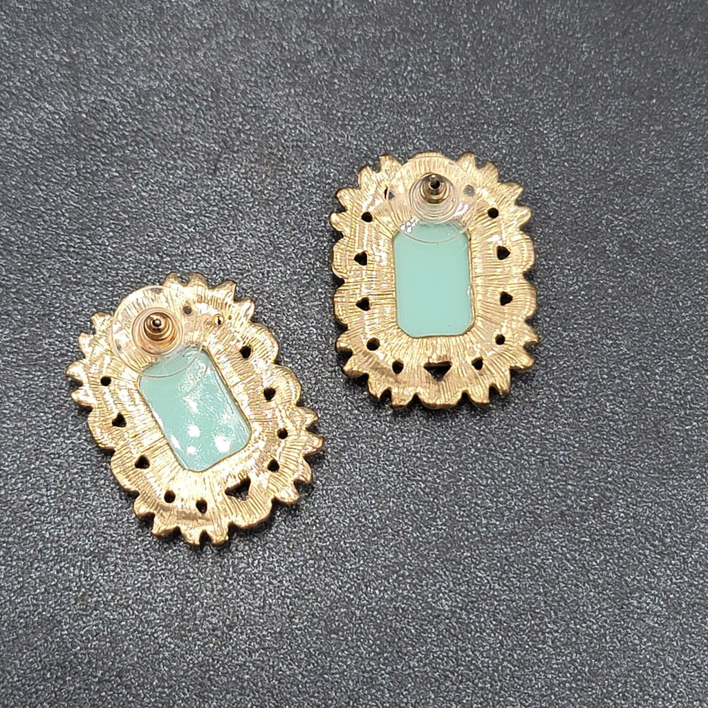 Pierced Earrings Gold tone Light Green Acrylic Rectangle Drop 1 1/8"
