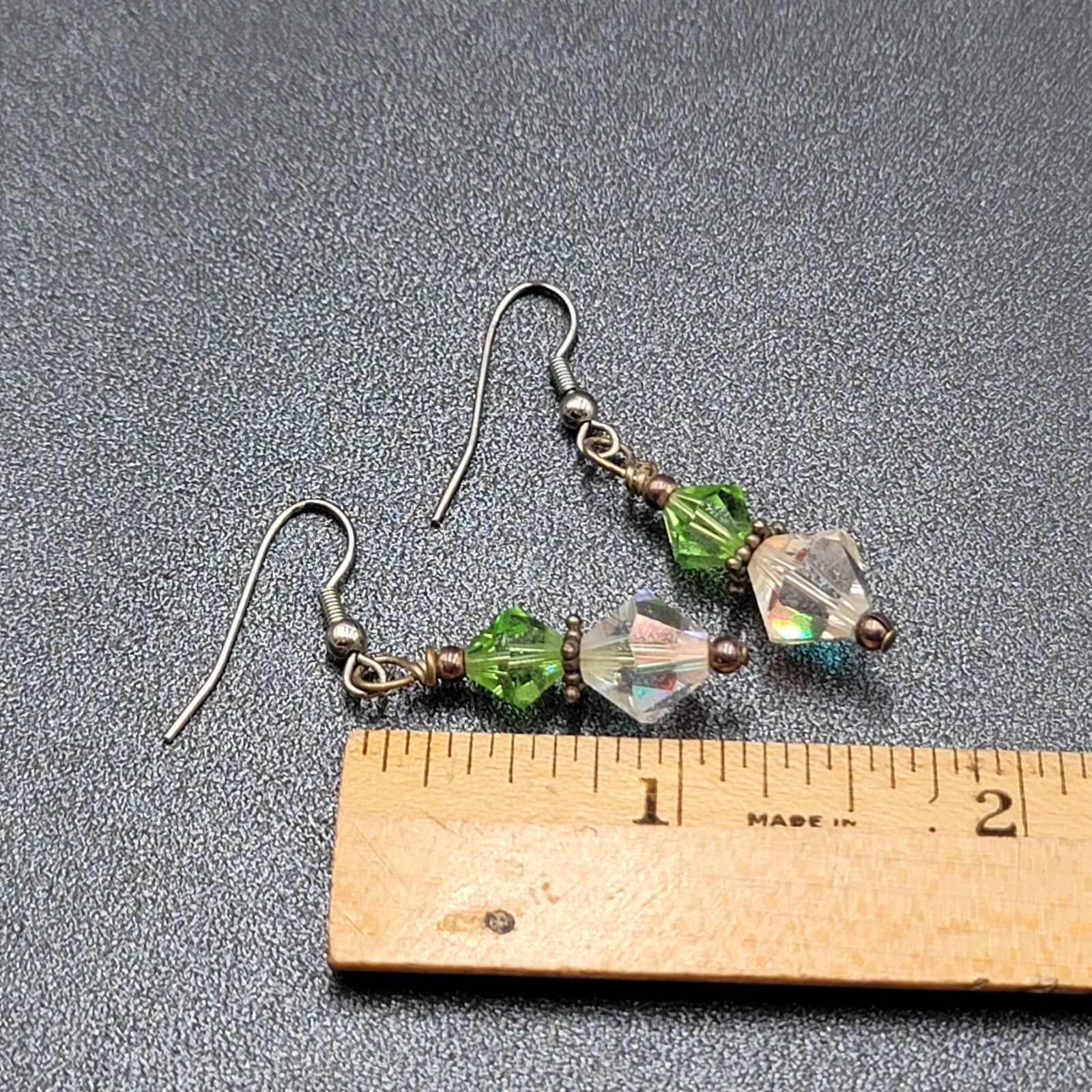 Pierced Earrings Silver toneGreen AB Bicone Christal Beads Dangle  1 1/8"