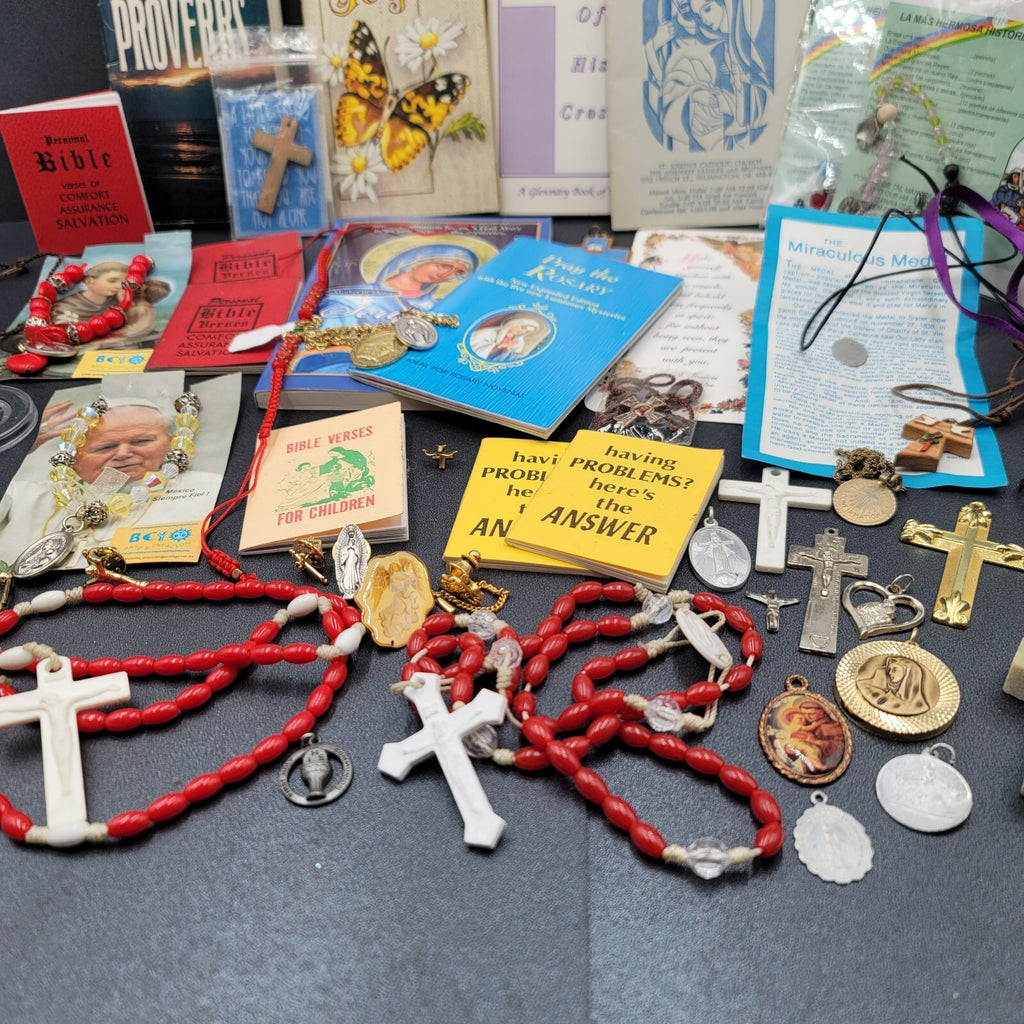 Vintage Religious Booklets Large Lot Rosaries Medals Bracelets etc