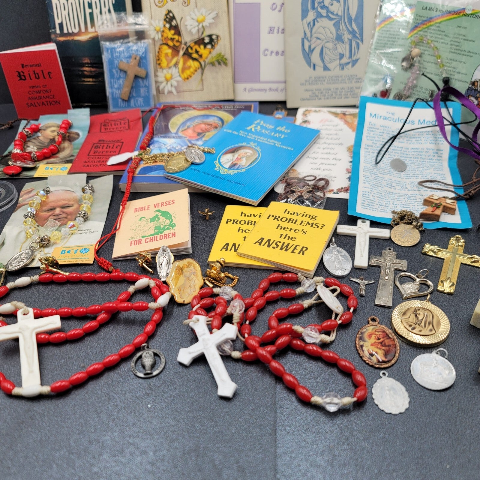Vintage Religious Booklets Large Lot Rosaries Medals Bracelets etc
