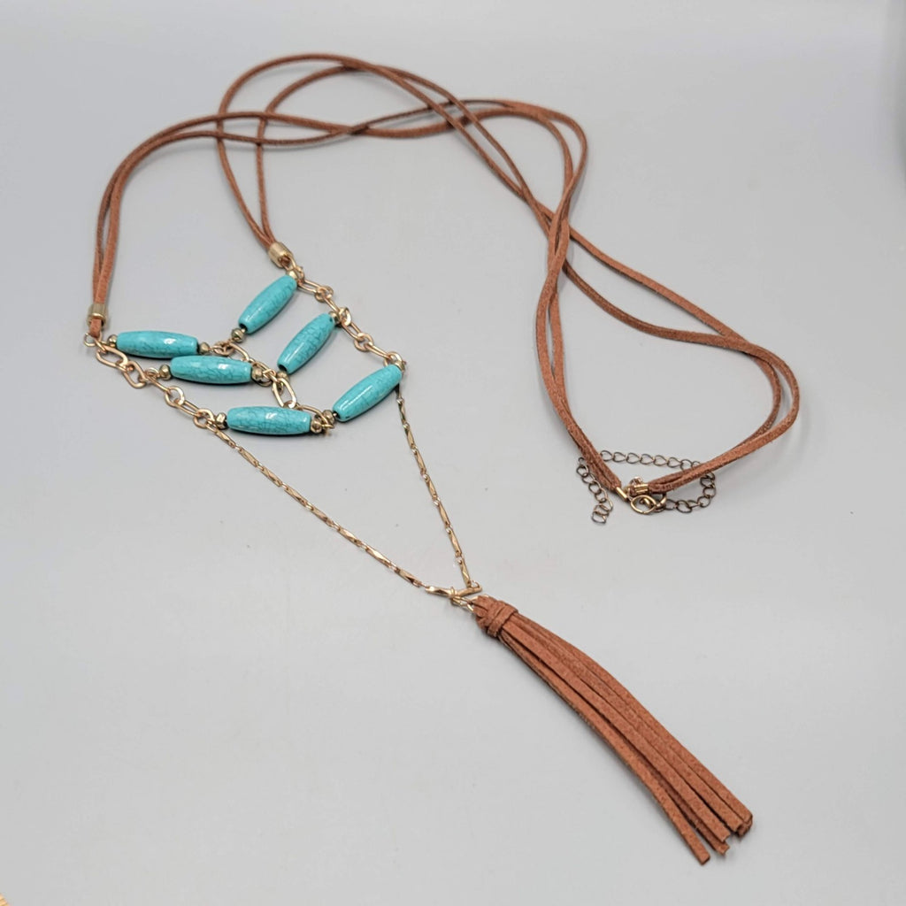 LONG Leather Southwest Style Necklace Blue Bead 40"
