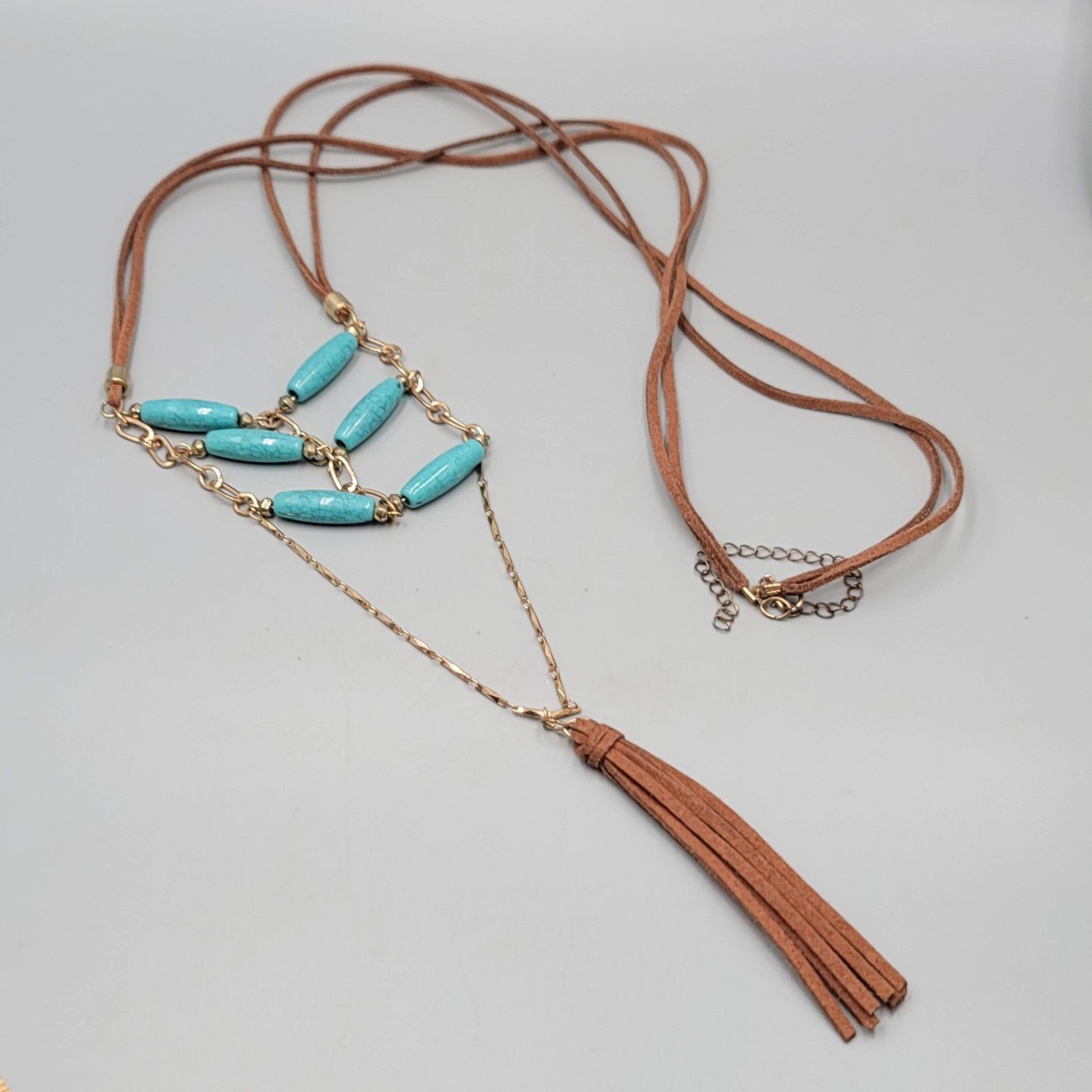 LONG Leather Southwest Style Necklace Blue Bead 40"