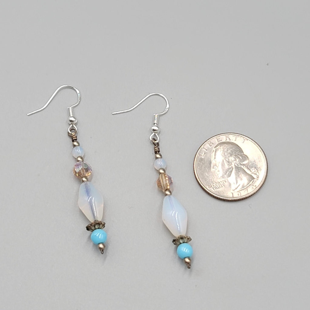 Sterling Silver Pierced Earrings Blue Iridescent Bead Dangle 1.75"