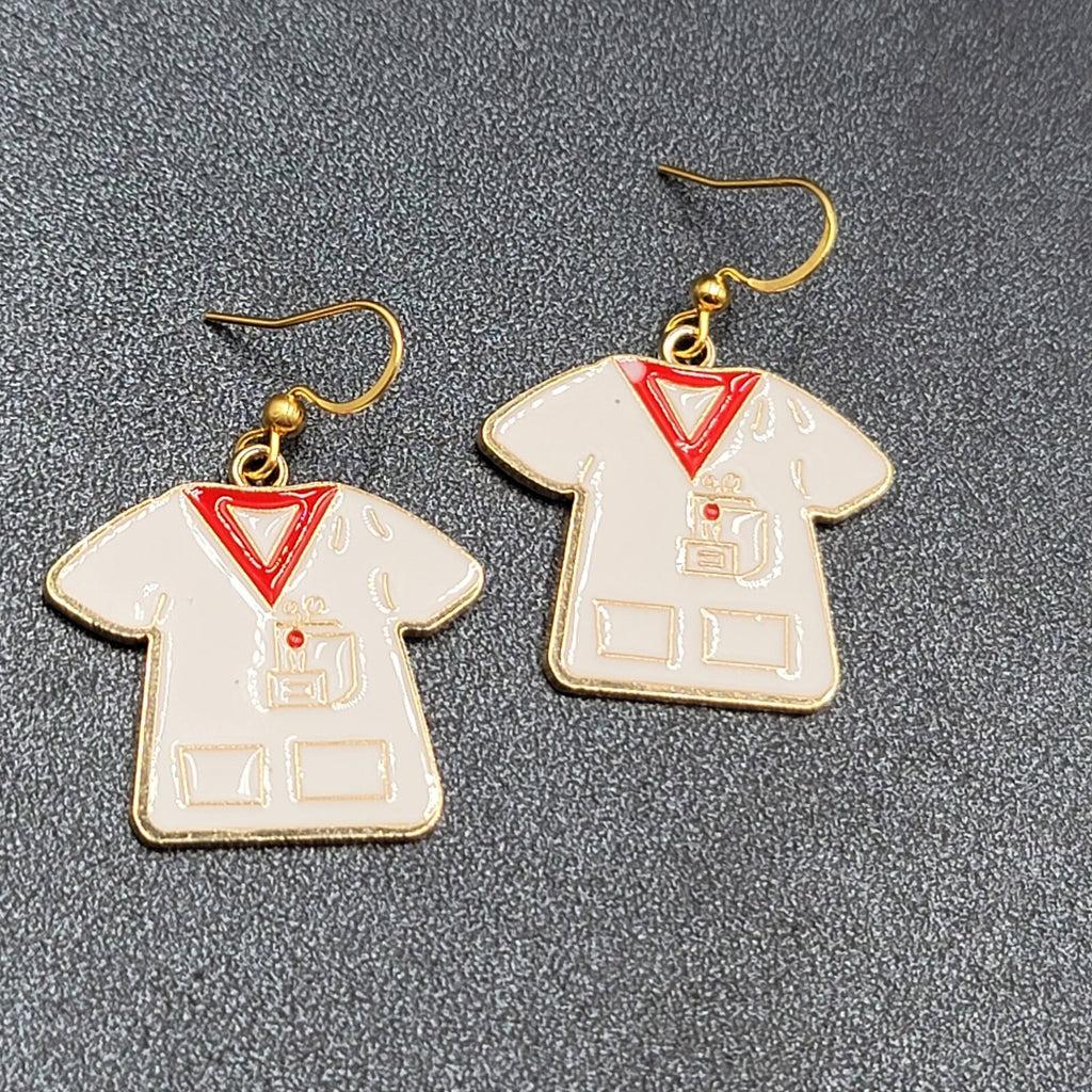 Nurse Scrub Top Pierced Earrings Red White Enamel Gold tone Dangle 1"