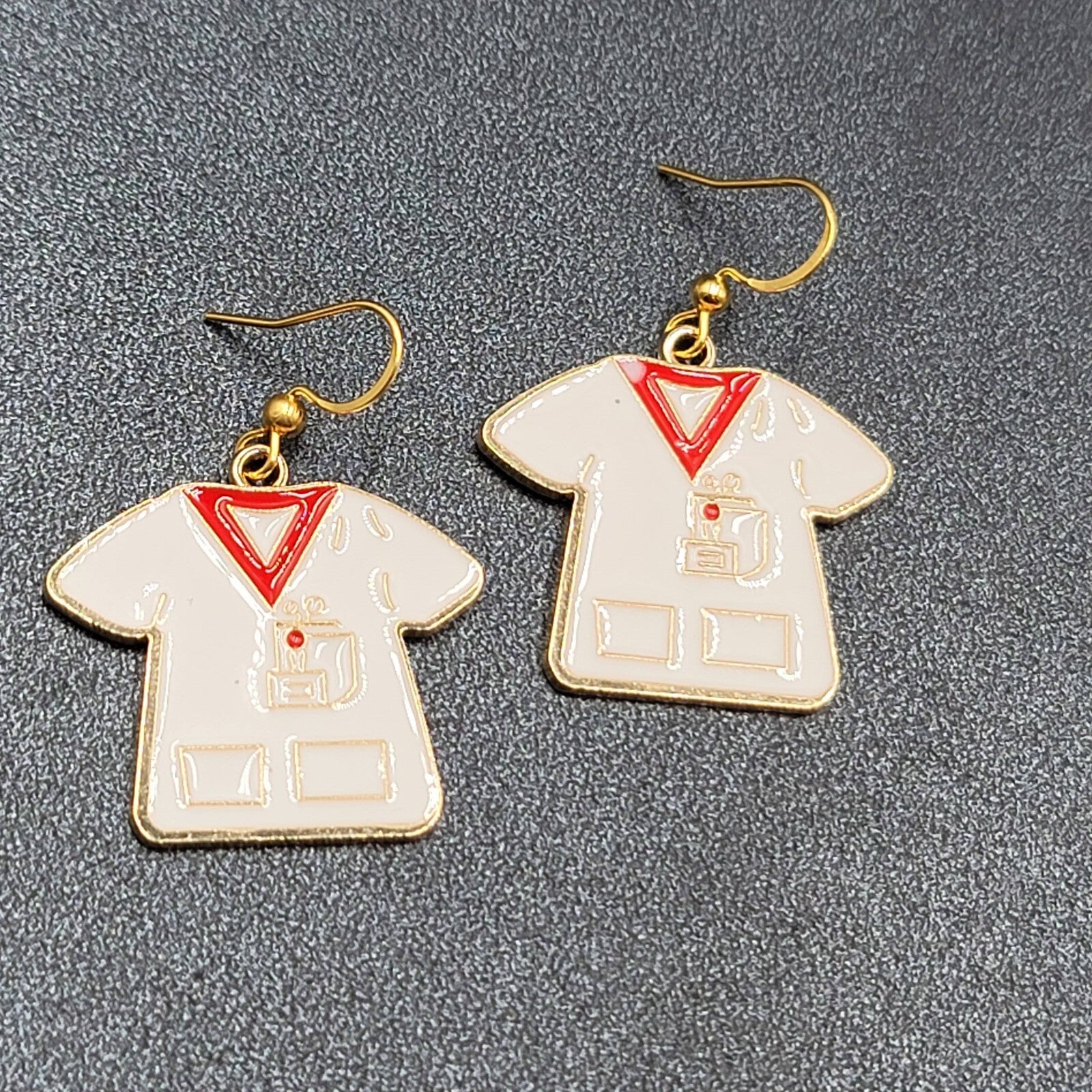 Nurse Scrub Top Pierced Earrings Red White Enamel Gold tone Dangle 1"