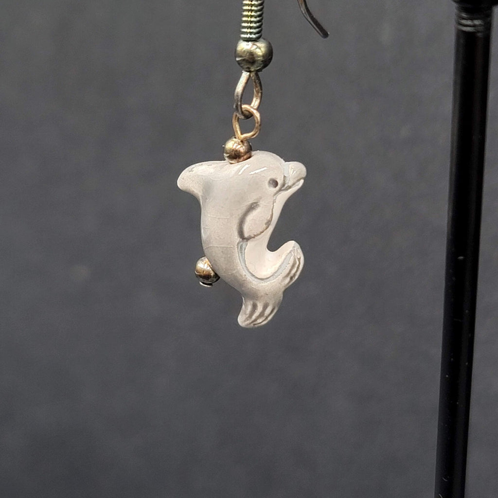 Pierced Earrings Porcelain Dolphin Dangle So Cute! 3/4"