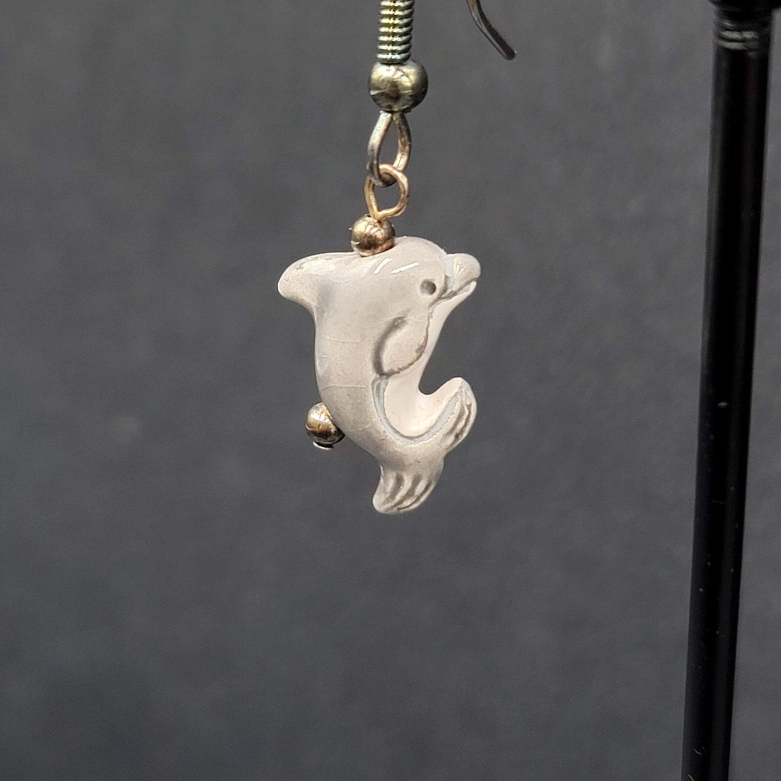 Pierced Earrings Porcelain Dolphin Dangle So Cute! 3/4"