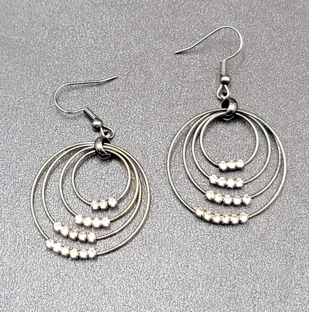 Pierced Earrings Black Metal Crystal Layered Hoops Dangle 1.75"
