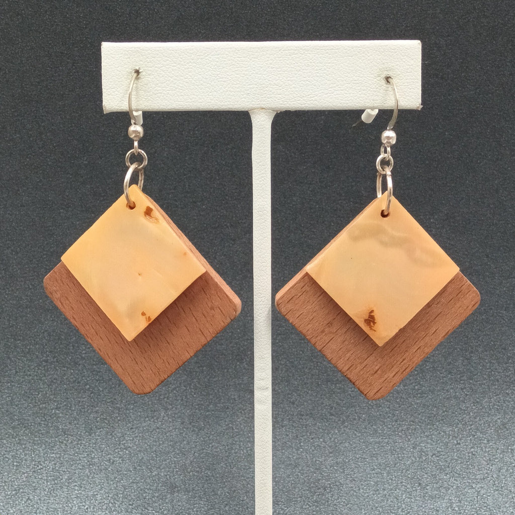 Pierced Earrings Wood Shell Square Geometric Silver tone Hook Dangle 1 3/4"