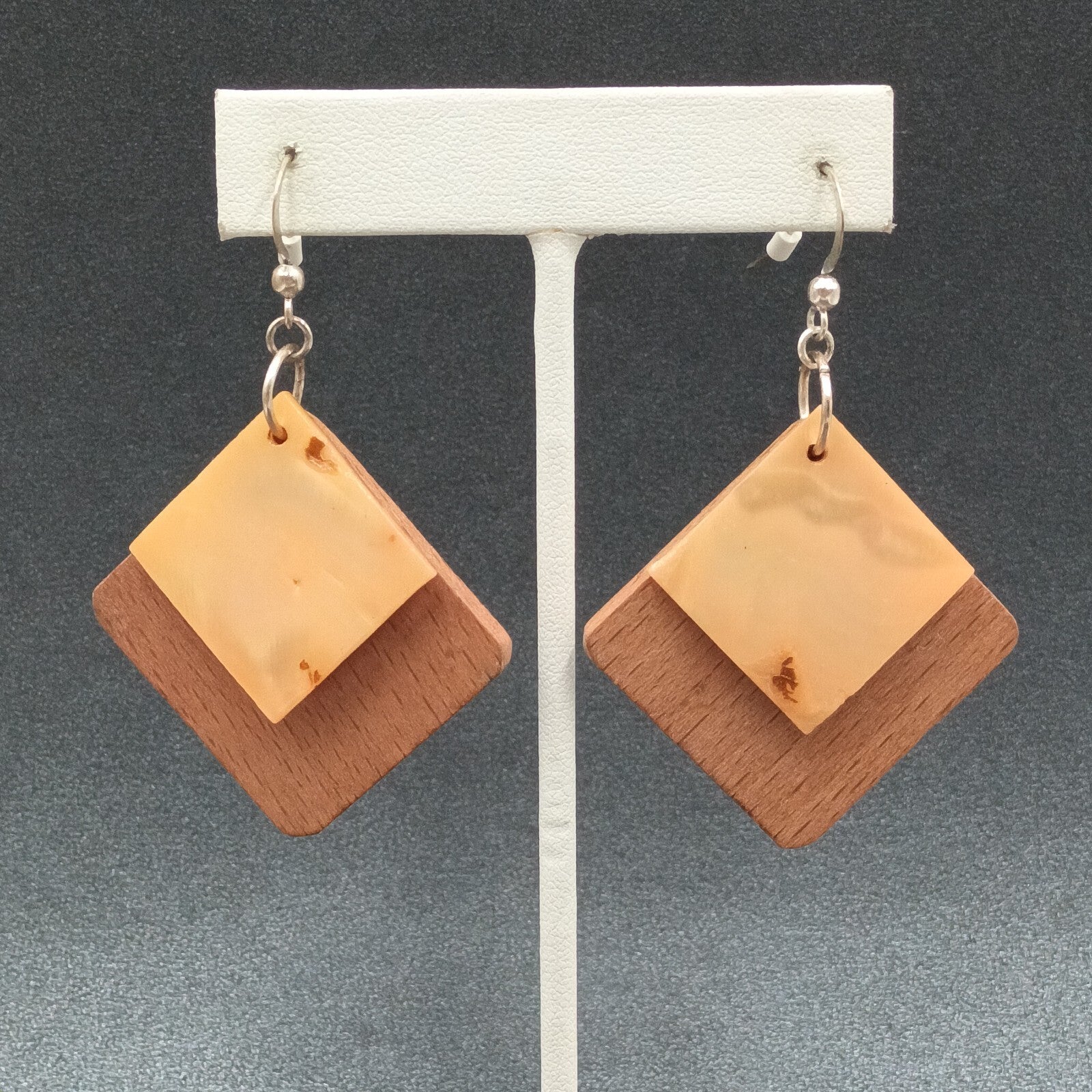 Pierced Earrings Wood Shell Square Geometric Silver tone Hook Dangle 1 3/4"