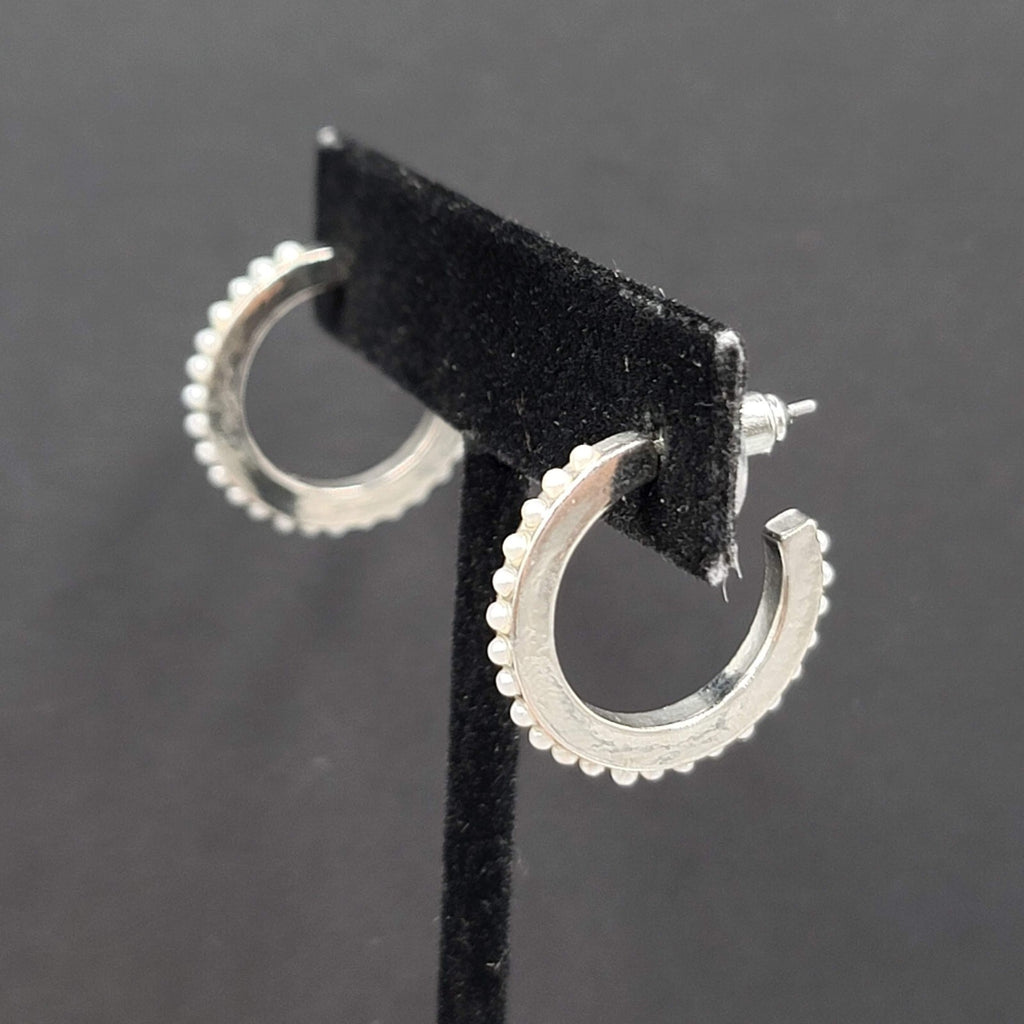 Pierced Earrings Silver tone White Beaded Hoops 3/4"