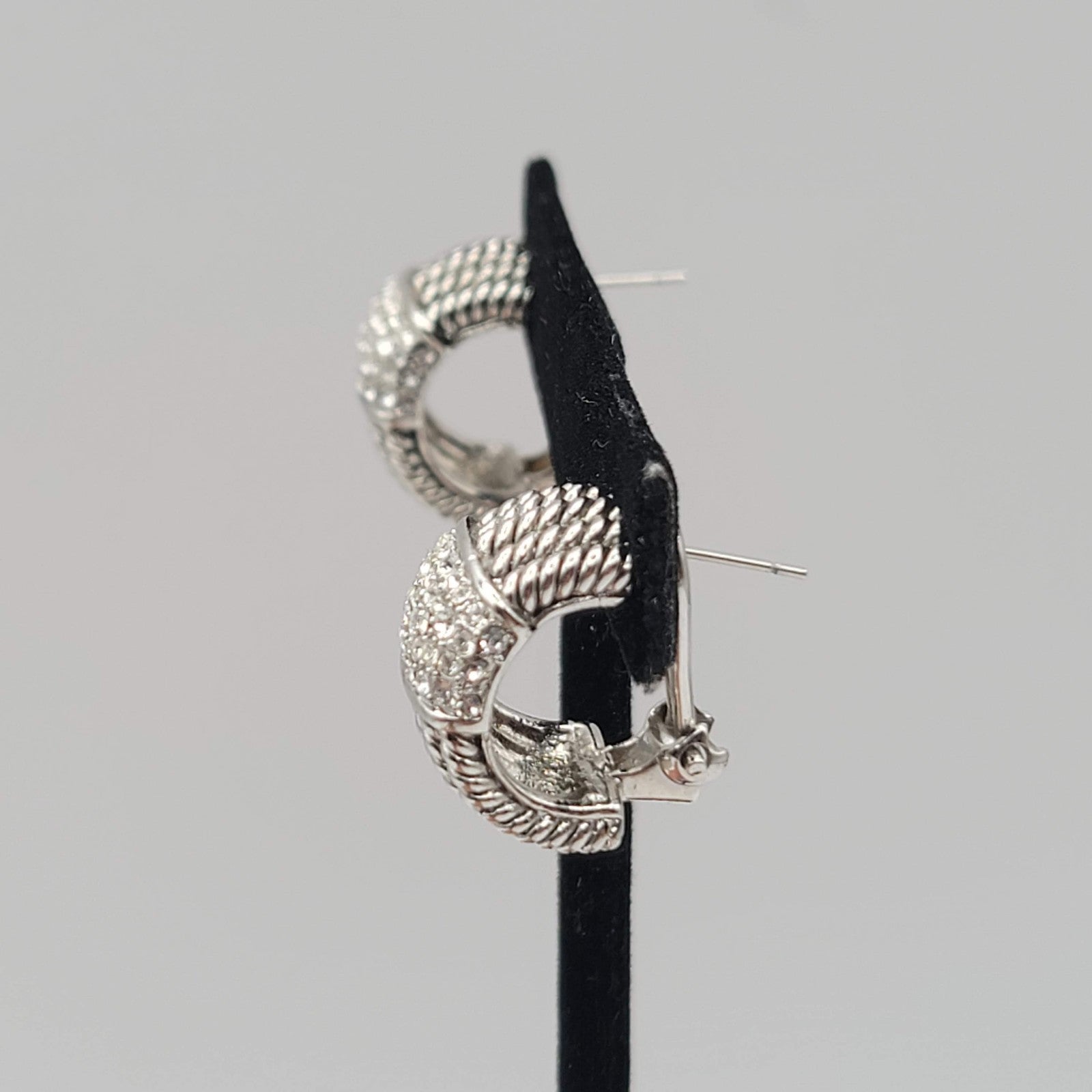 Crystal Pave Hoops Rope Design Pierced Earrings Silver tone Omega Back 3/4 in