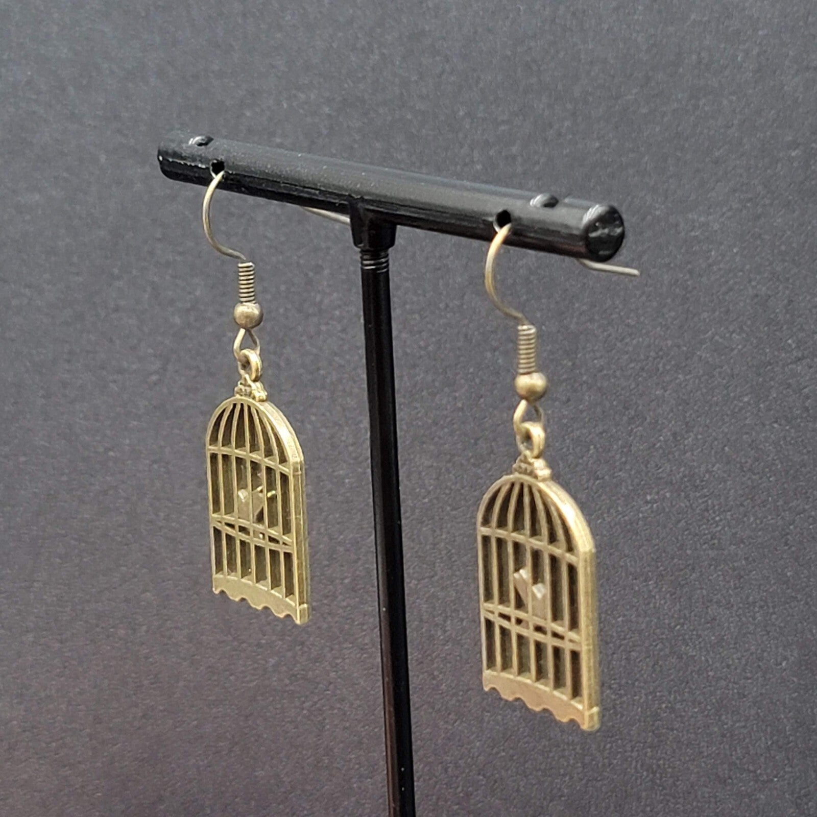 New Bird in the Cage Pierced Earrings Bronze tone Dangle 1"