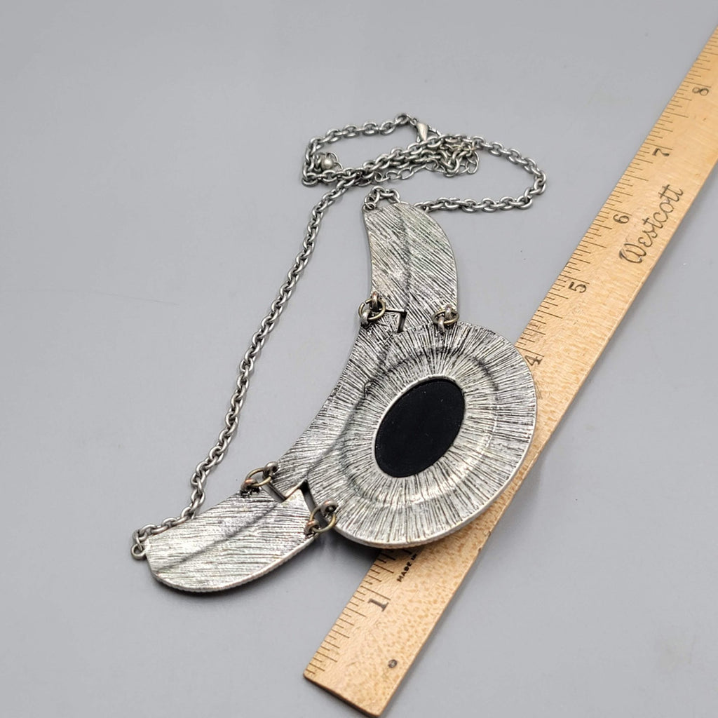 Silver tone Bib Statement Necklace Black Cabochon 20"
