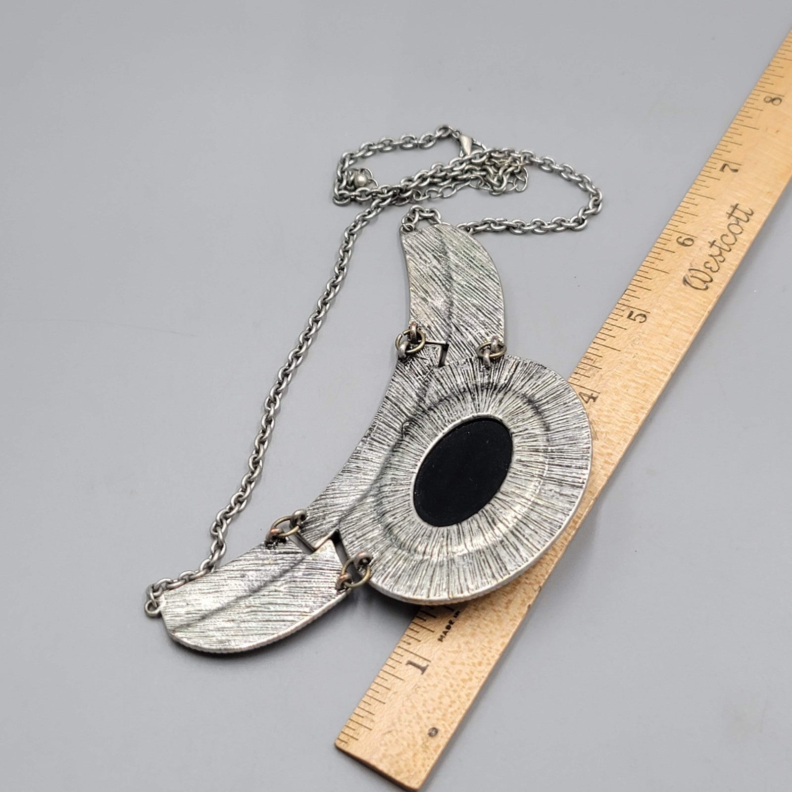 Silver tone Bib Statement Necklace Black Cabochon 20"