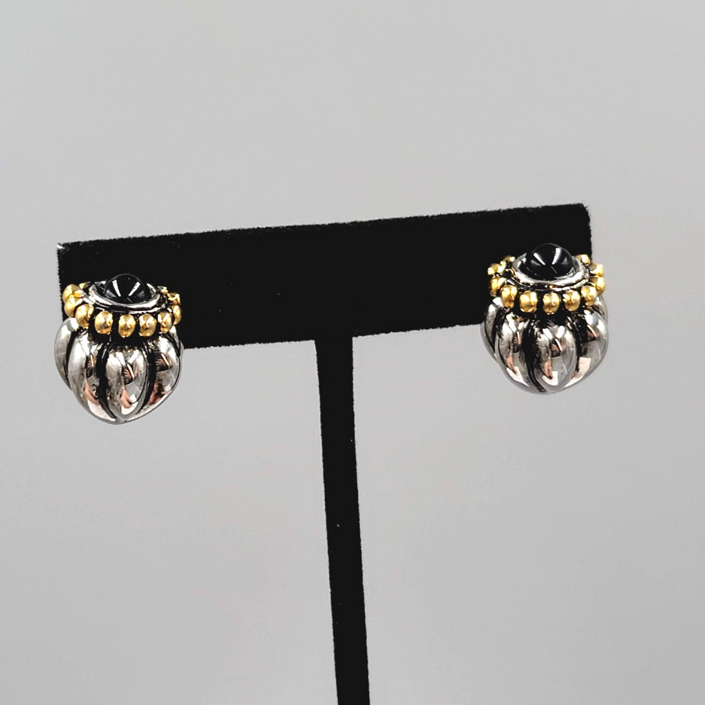 Pierced Earrings Heavy Silver and Gold Plated Black Cabochon Statement 3/4"