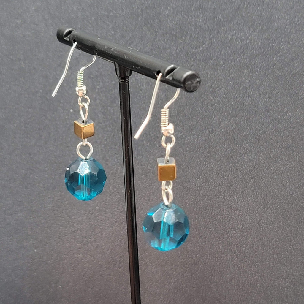 Pierced Earrings 1" Silver tone Blue Bead Copper Square Dangle 1"
